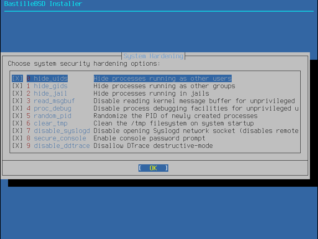 The BastilleBSD installer System Hardening dialog with security options enabled